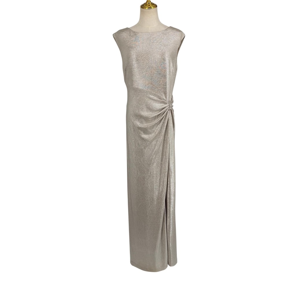 NWT Lauren Ralph Lauren Gown 12 Champagne Metallic Ruched Side Slit Dress - Picture 2 of 11